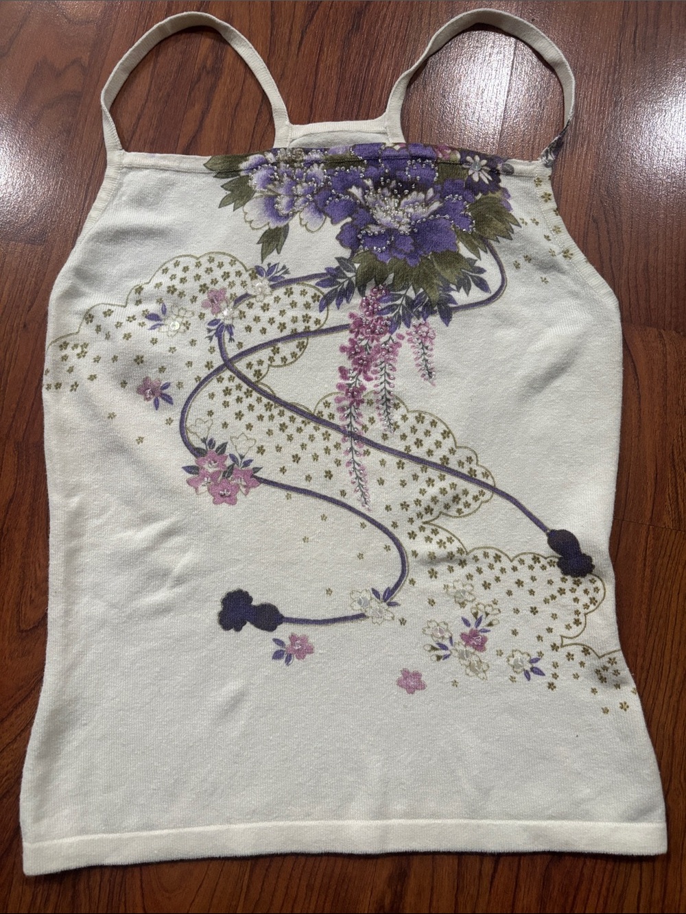 Y2K extremely rare Cream Floral Strappy Tank Top w/ Bead & Sequin Accent | Small